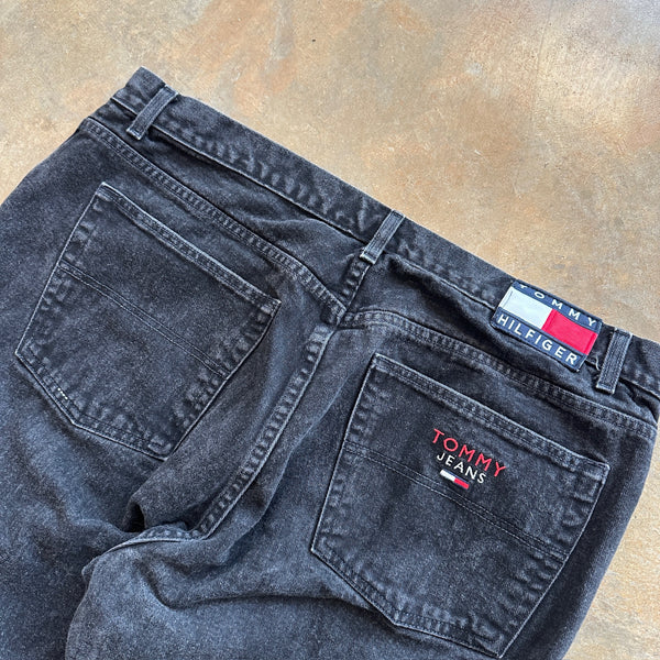 Tommy Hilfiger Baggy Jeans Spellout Embroidered Dark Wash Black Skater 00's - 40 hover