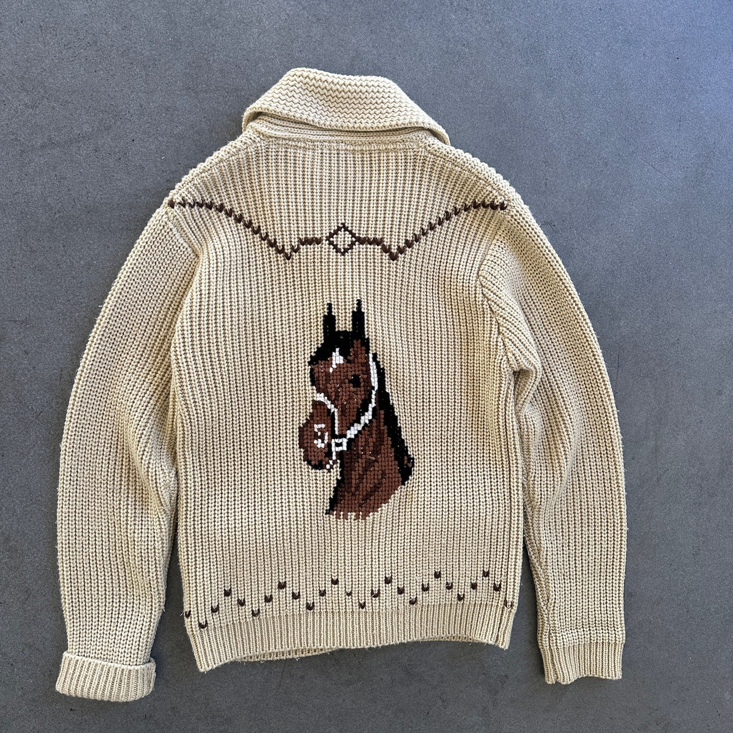 Miller Outerwear Horse Cowichan Sweater Beige Knit 80's - M