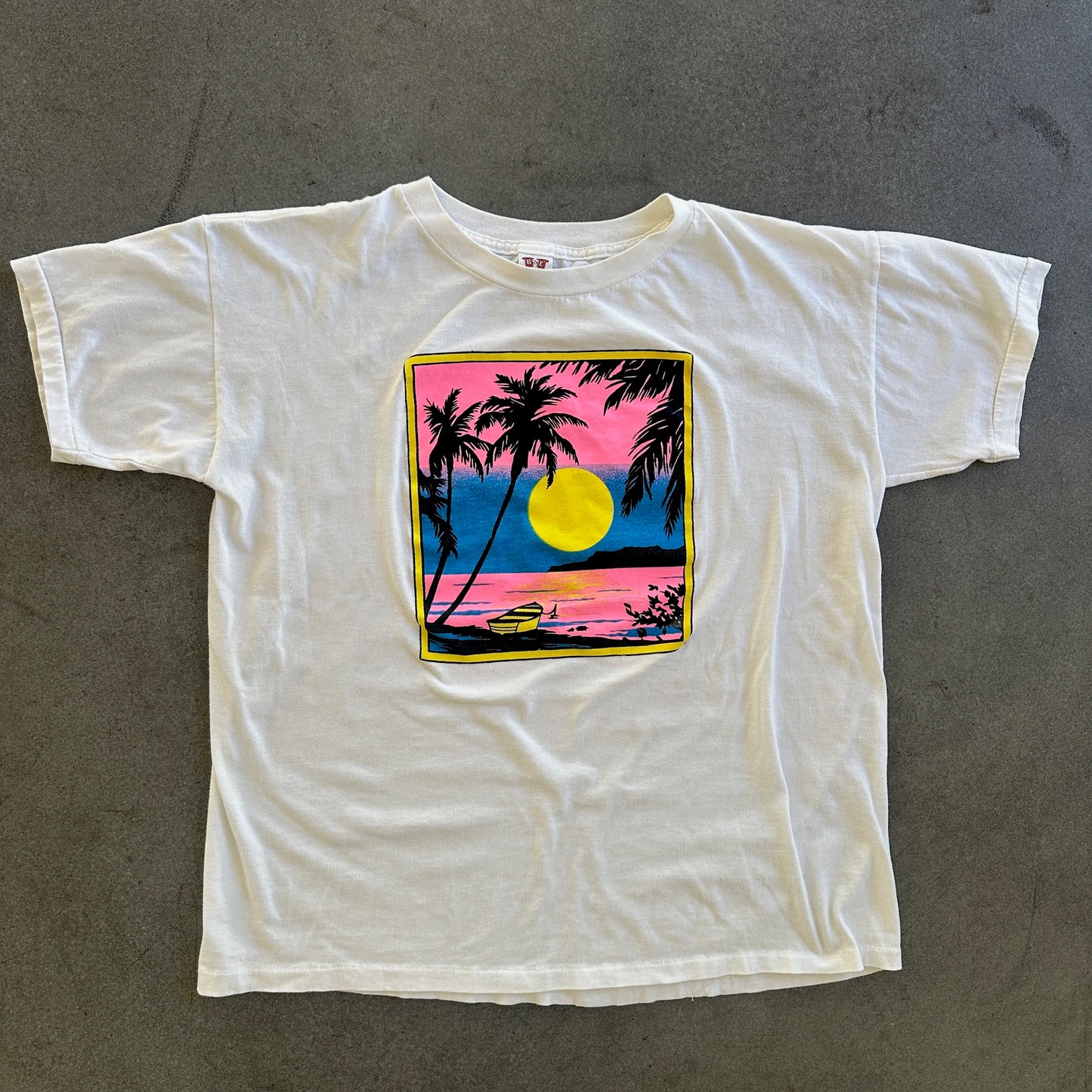 Neon Beach Graphic T Shirt White Single Stitch 80's - 2XL