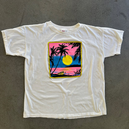 Neon Beach Graphic T Shirt White Single Stitch 80's - 2XL