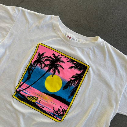 Neon Beach Graphic T Shirt White Single Stitch 80's - 2XL