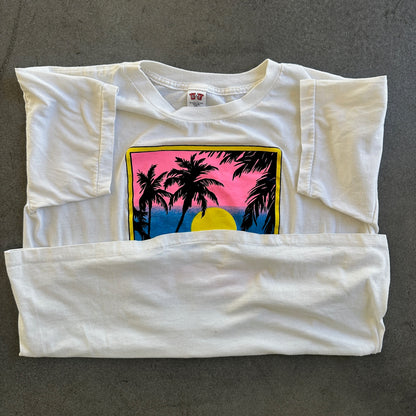 Neon Beach Graphic T Shirt White Single Stitch 80's - 2XL