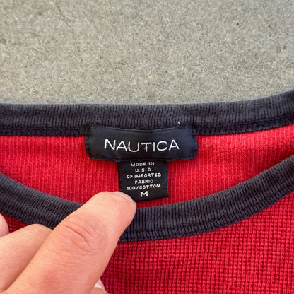 Nautica Rowing Long Sleeve Red Thermal Waffle Knit Shirt 90's - M