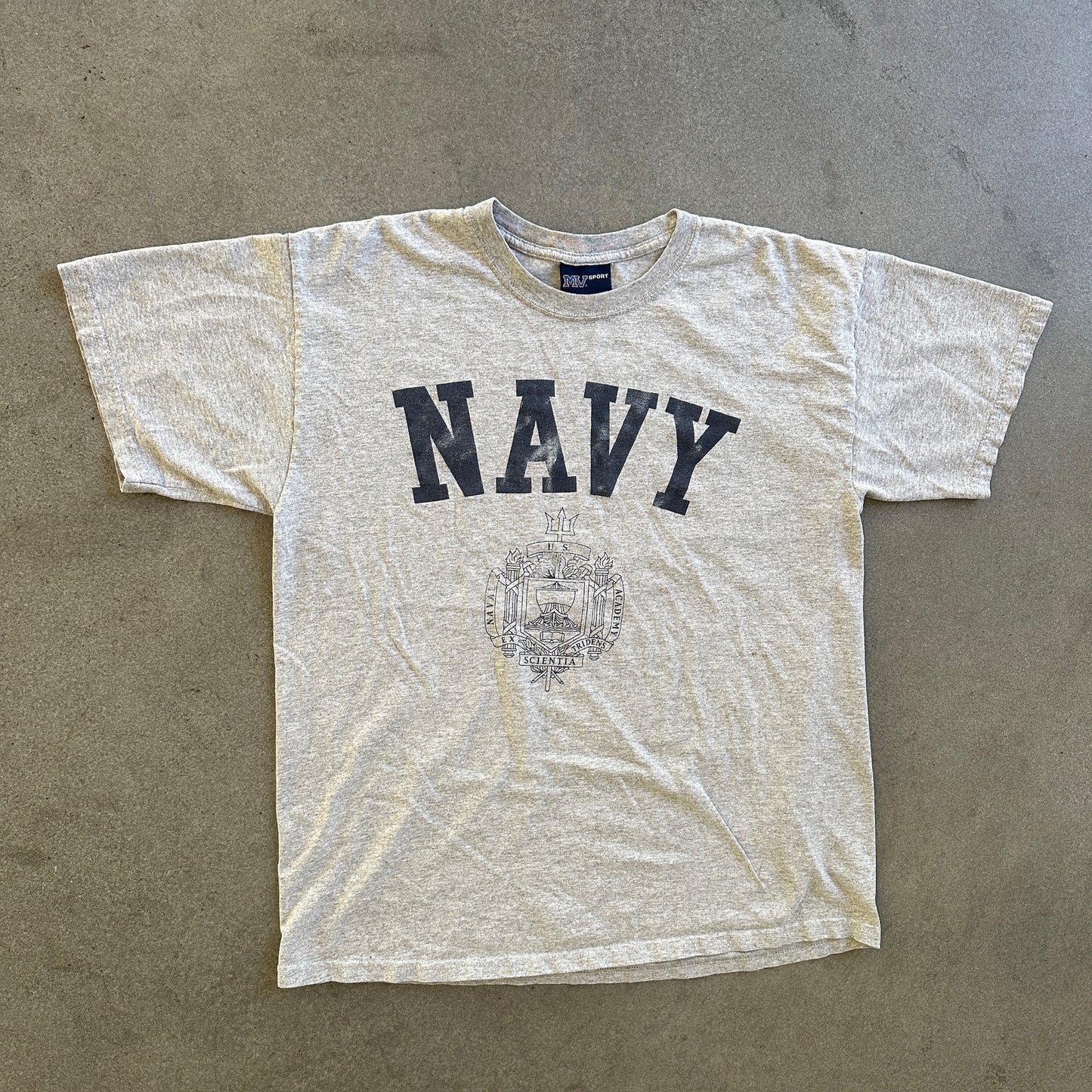 Navy Spellout Crest Short Sleeve Shirt MV Sport 00's - L