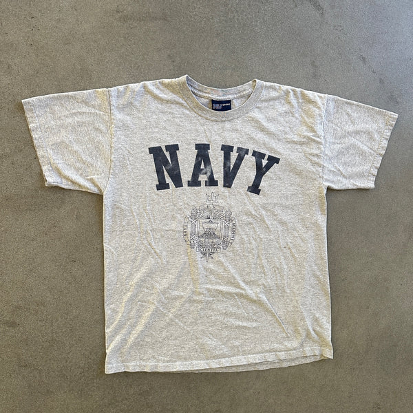 Navy Spellout Crest Short Sleeve Shirt MV Sport 00's - L