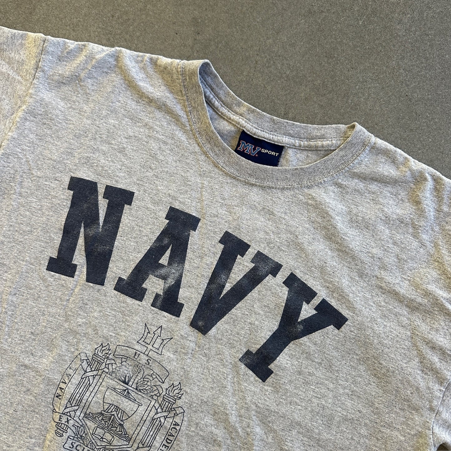Navy Spellout Crest Short Sleeve Shirt MV Sport 00's - L