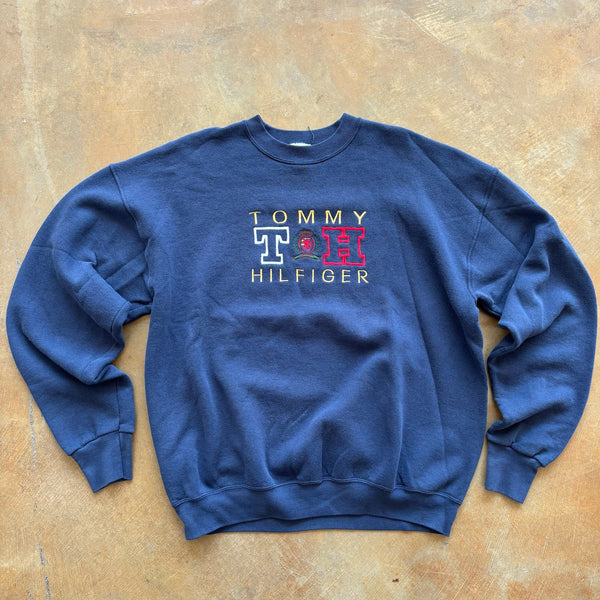 Tommy Hilfiger Spellout Embroidered Sweatshirt Crewneck Blue 80's - XL