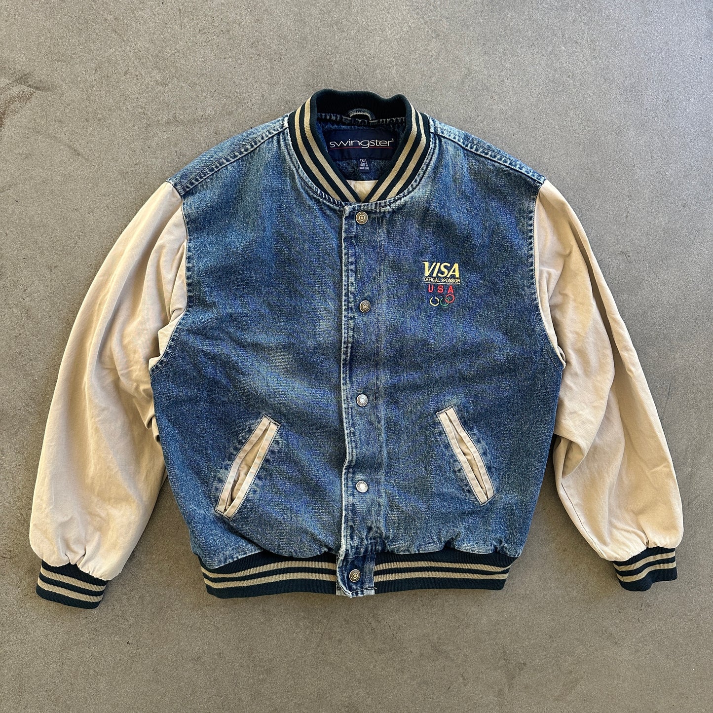 Olympics USA Denim Jean Jacket Swingster Visa Sponsor Embroidered 90's - M