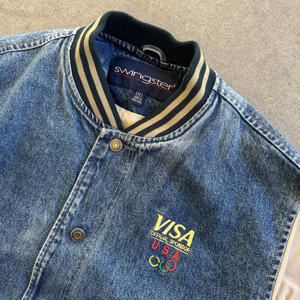 Olympics USA Denim Jean Jacket Swingster Visa Sponsor Embroidered 90's - M hover