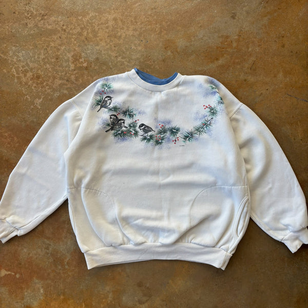 Art Unlimited Bird Scenery Nature Graphic Double Collar Sweater Sweatshirt Pockets 90's - XL
