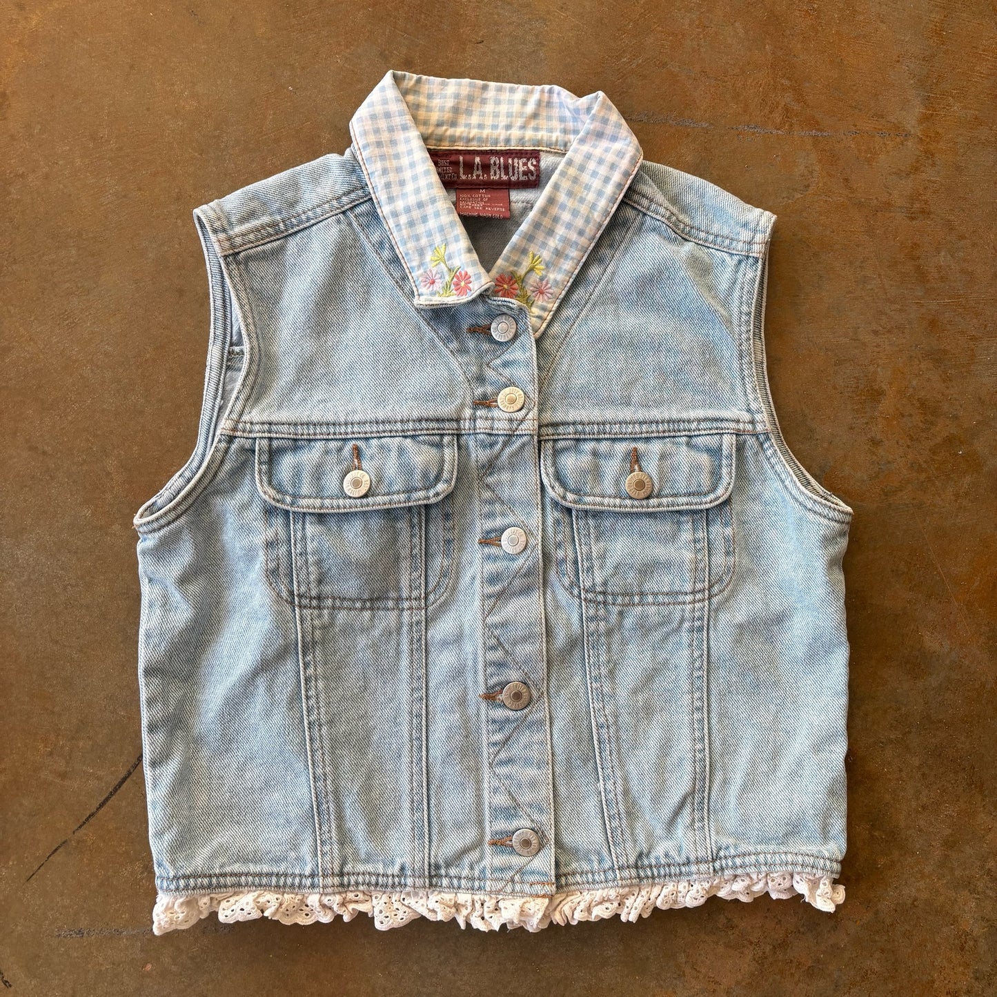 Denim L.A. Blues Vest Shirt Jean Floral Collar Cottagecore Boho 90's - Women's M