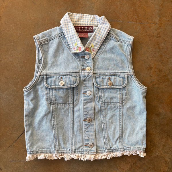 Denim L.A. Blues Vest Shirt Jean Floral Collar Cottagecore Boho 90's - Women's M