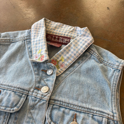 Denim L.A. Blues Vest Shirt Jean Floral Collar Cottagecore Boho 90's - Women's M