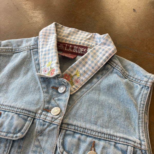 Denim L.A. Blues Vest Shirt Jean Floral Collar Cottagecore Boho 90's - Women's M hover