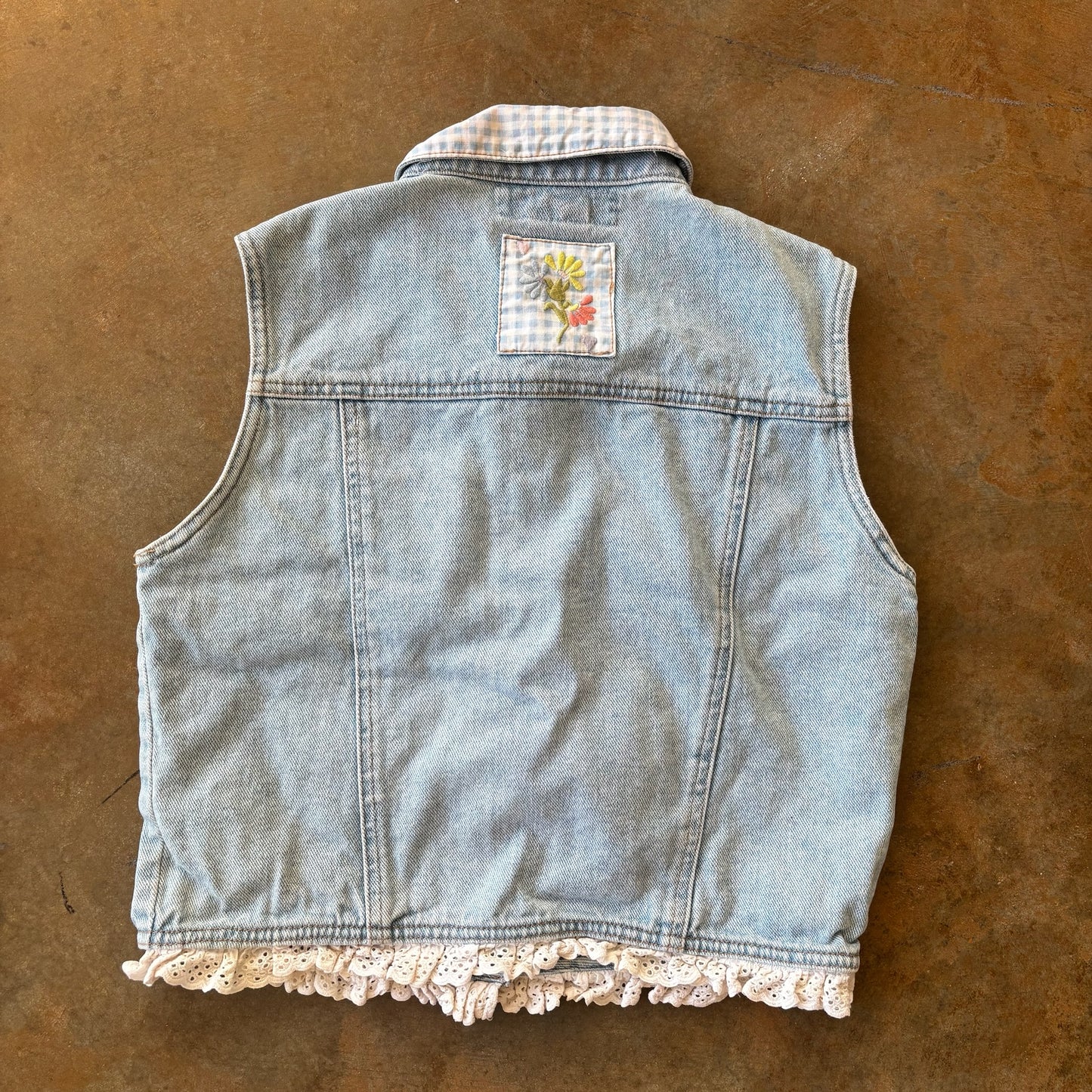 Denim L.A. Blues Vest Shirt Jean Floral Collar Cottagecore Boho 90's - Women's M