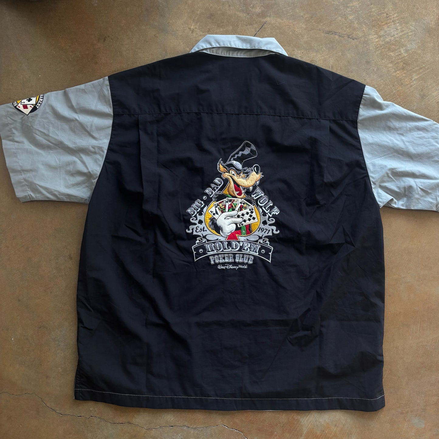 Walt Disney World Big Bad Wolf Texas Hold'em Poker Patch Button Up Shirt 90's - L