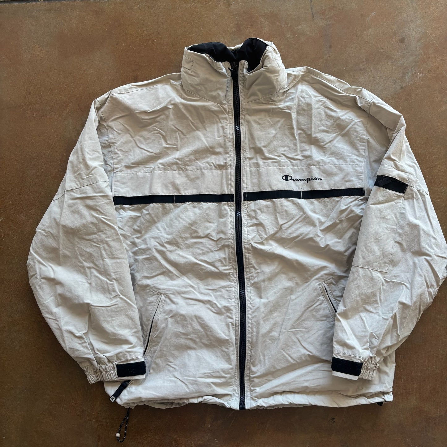 Champion Cream Jacket Oversized Packable Hood Full Zip 90's - L