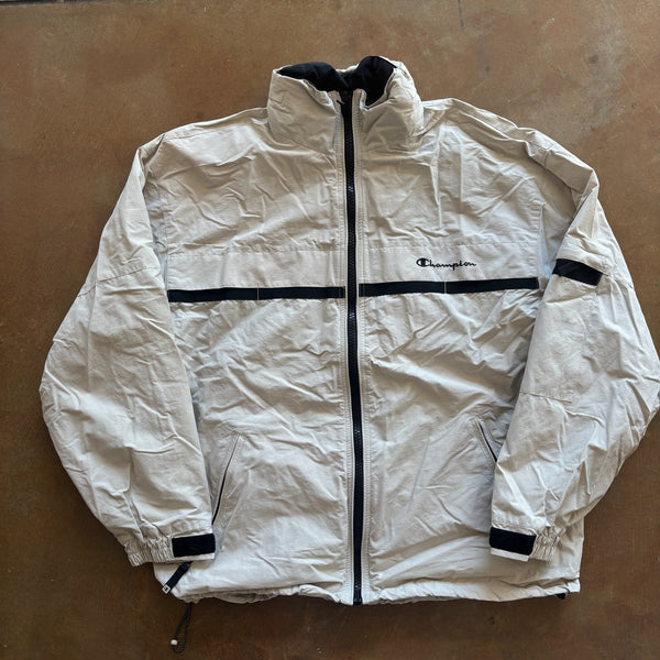Champion Cream Jacket Oversized Packable Hood Full Zip 90's - L
