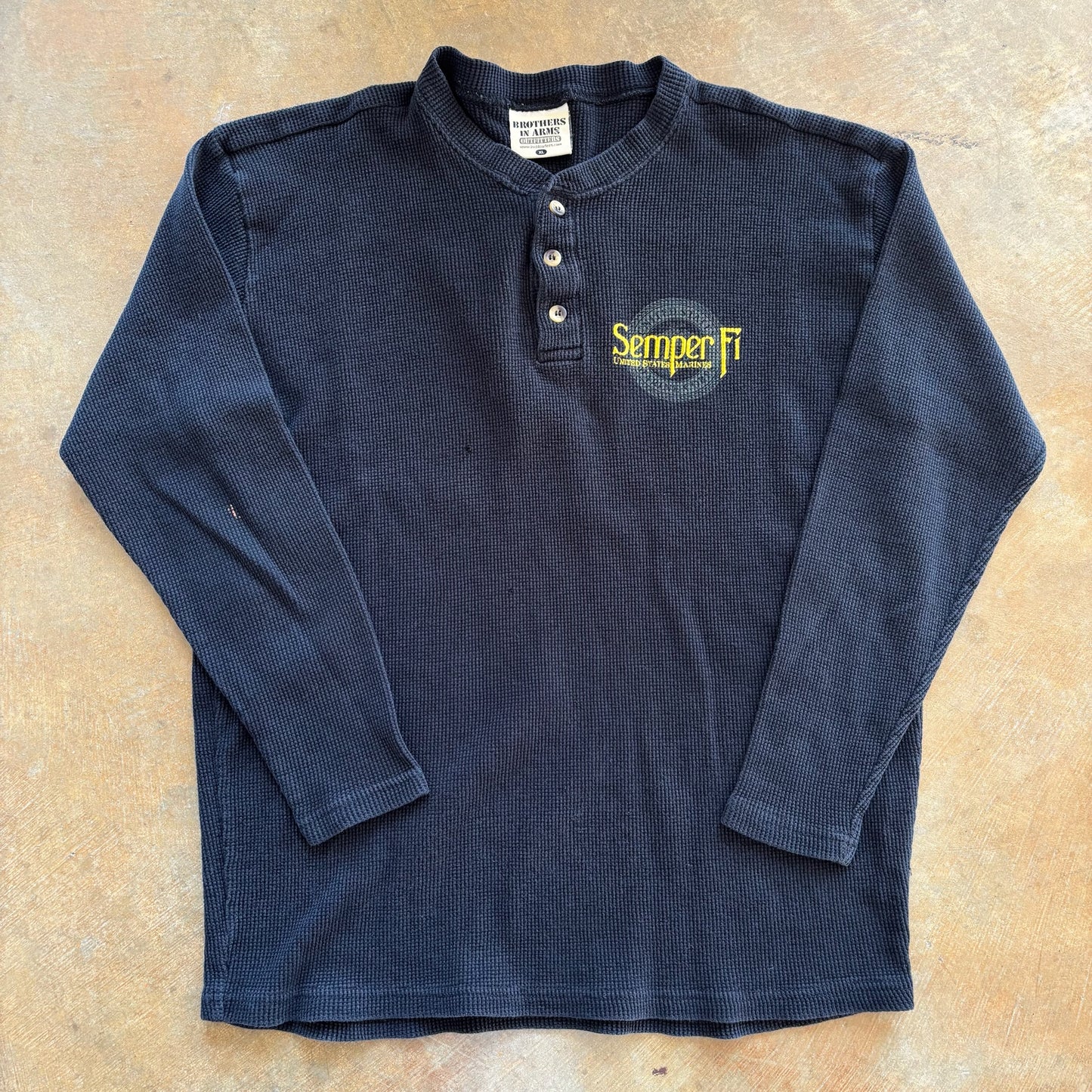 Semper Fi Thermal Long Sleeve Henley Style Shirt Double Sided Graphic 90's - XL