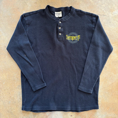 Semper Fi Thermal Long Sleeve Henley Style Shirt Double Sided Graphic 90's - XL