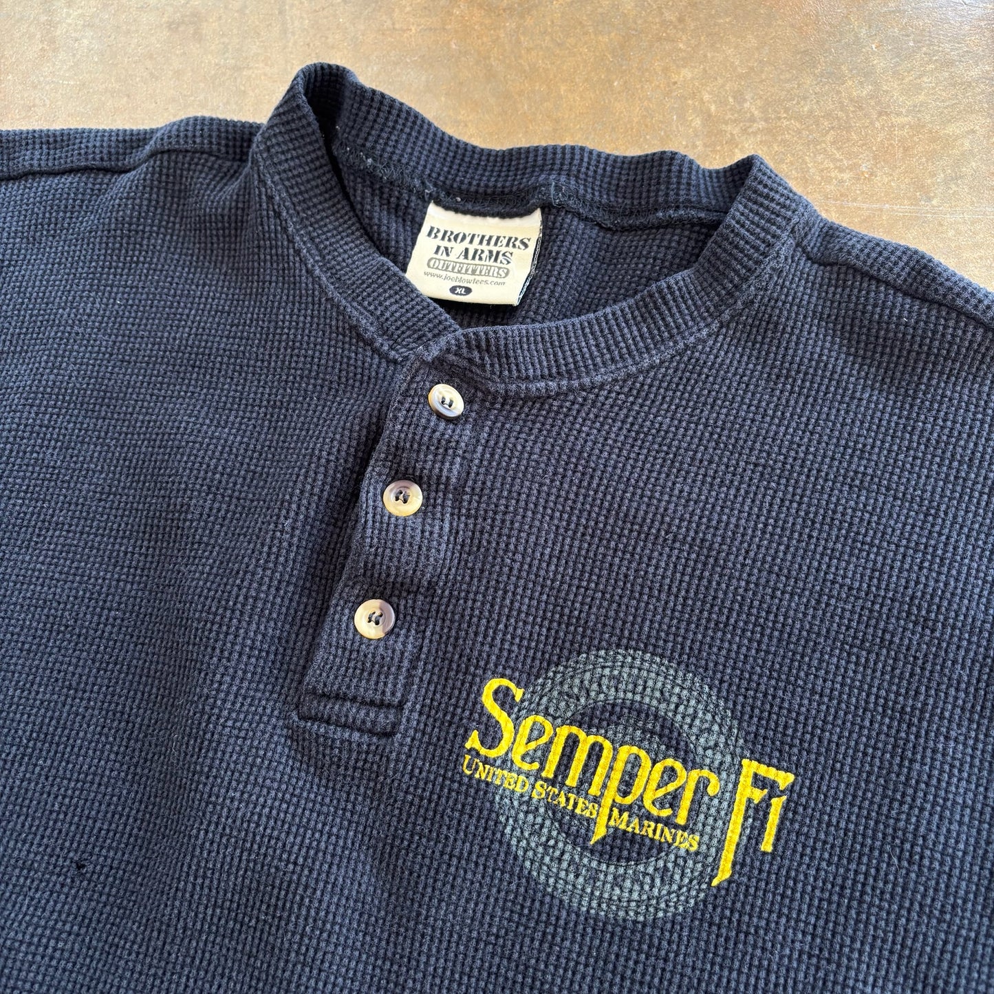 Semper Fi Thermal Long Sleeve Henley Style Shirt Double Sided Graphic 90's - XL