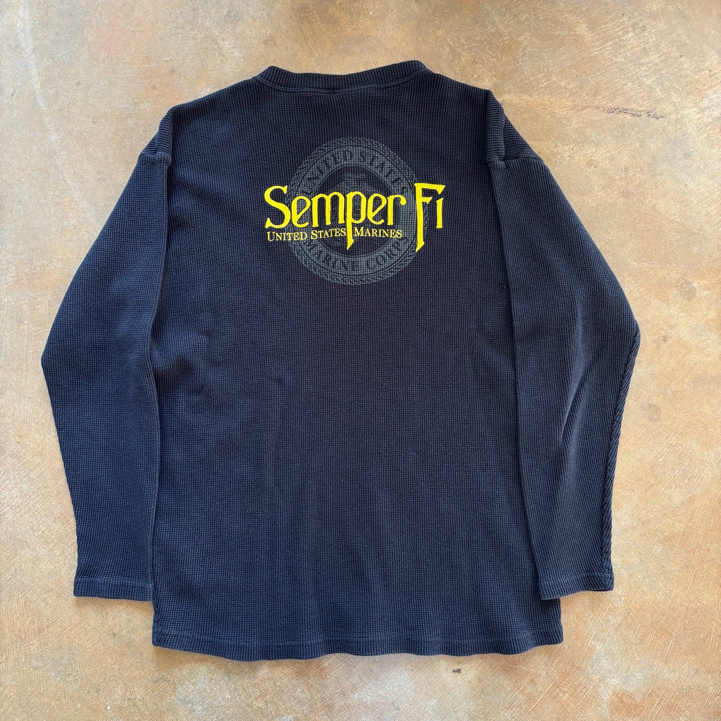 Semper Fi Thermal Long Sleeve Henley Style Shirt Double Sided Graphic 90's - XL