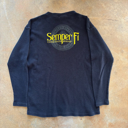 Semper Fi Thermal Long Sleeve Henley Style Shirt Double Sided Graphic 90's - XL