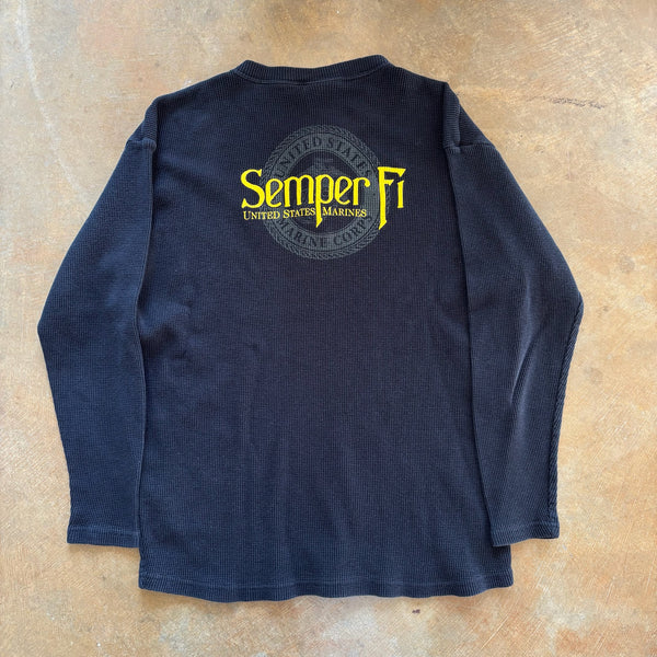 Semper Fi Thermal Long Sleeve Henley Style Shirt Double Sided Graphic 90's - XL