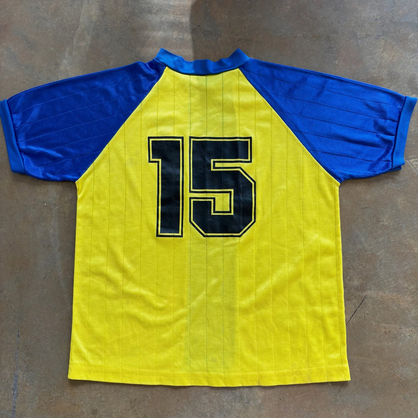 YMCA Soccer Jersey Striped Yellow Blue #15 80's - S