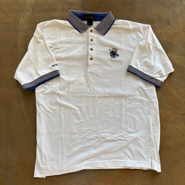 St. Louis Rams White Embroidered Spellout Logo Polo Shirt 90's - L