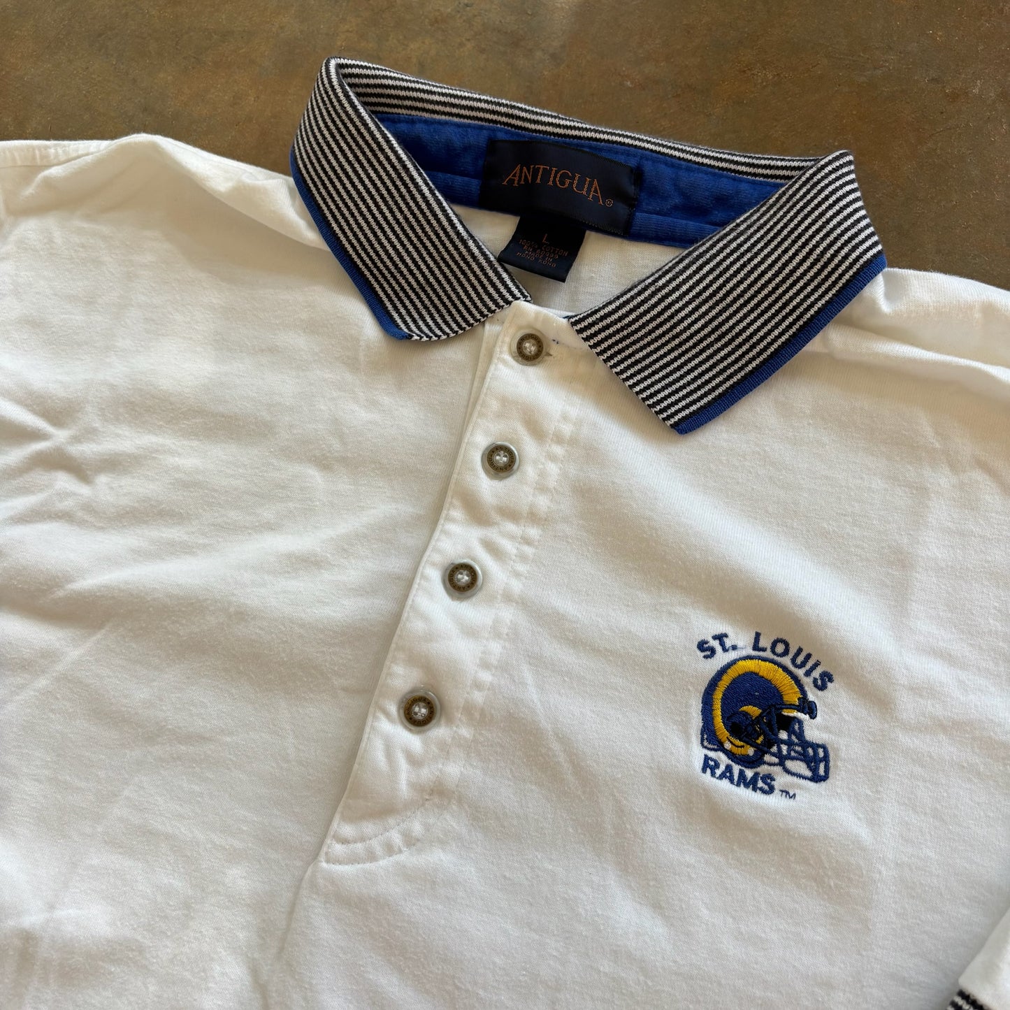St. Louis Rams White Embroidered Spellout Logo Polo Shirt 90's - L