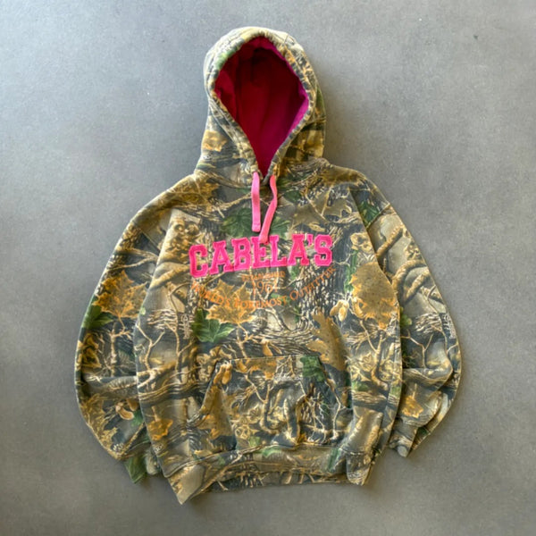 Cabelas Camo Heavyweight Hoodie Pink Spellout 00's - Womens M