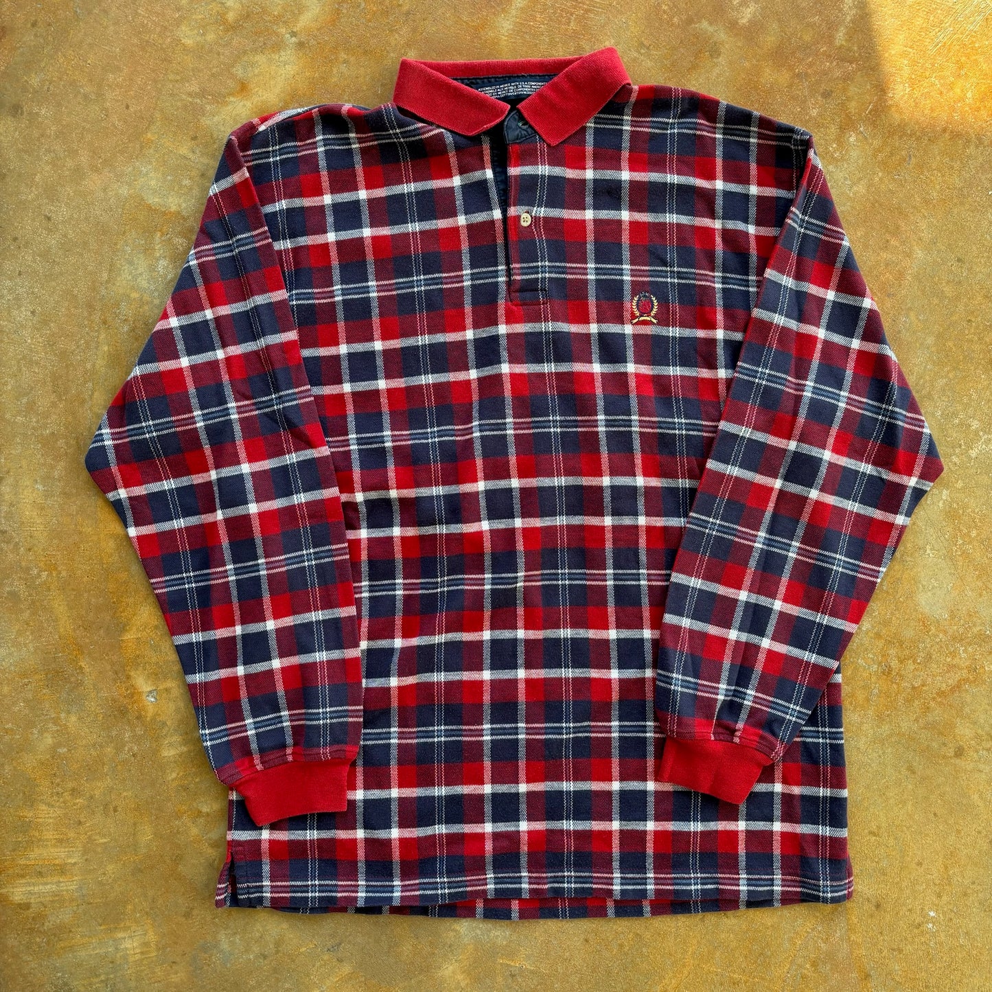 Tommy Hilfiger Long Sleeve Plaid Crest Logo Rugby Style Shirt 90's - S