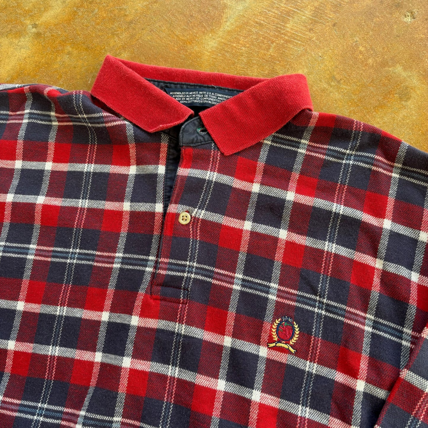 Tommy Hilfiger Long Sleeve Plaid Crest Logo Rugby Style Shirt 90's - S