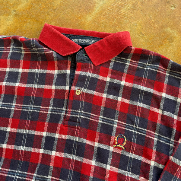Tommy Hilfiger Long Sleeve Plaid Crest Logo Rugby Style Shirt 90's - S hover