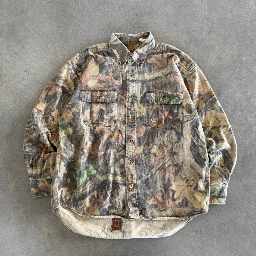 Distressed Faded DuxBak Camo Realtree Button Up Shirt 90's - M