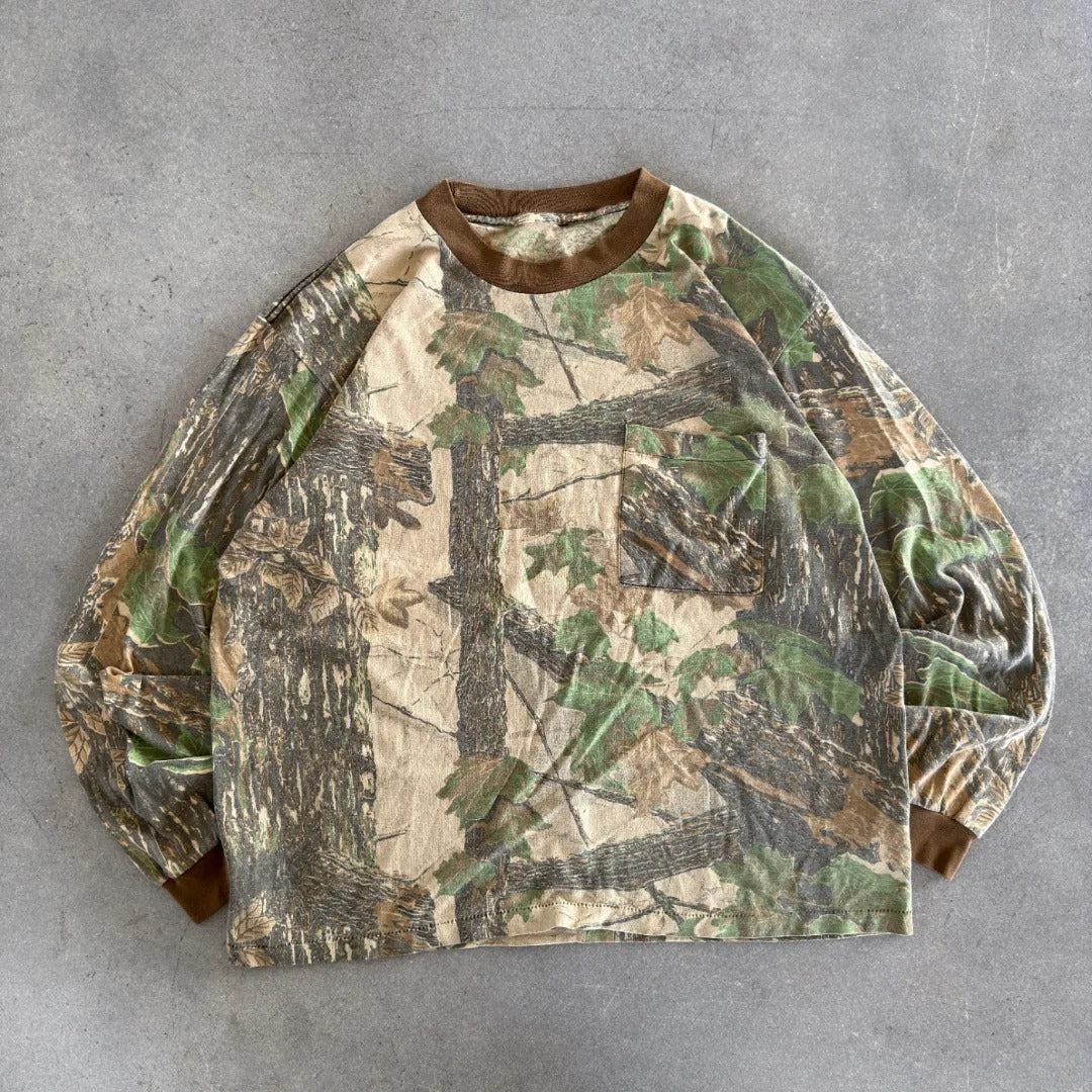 Distressed Faded Camo Realtree Pattern Pocket Shirt 80's - L