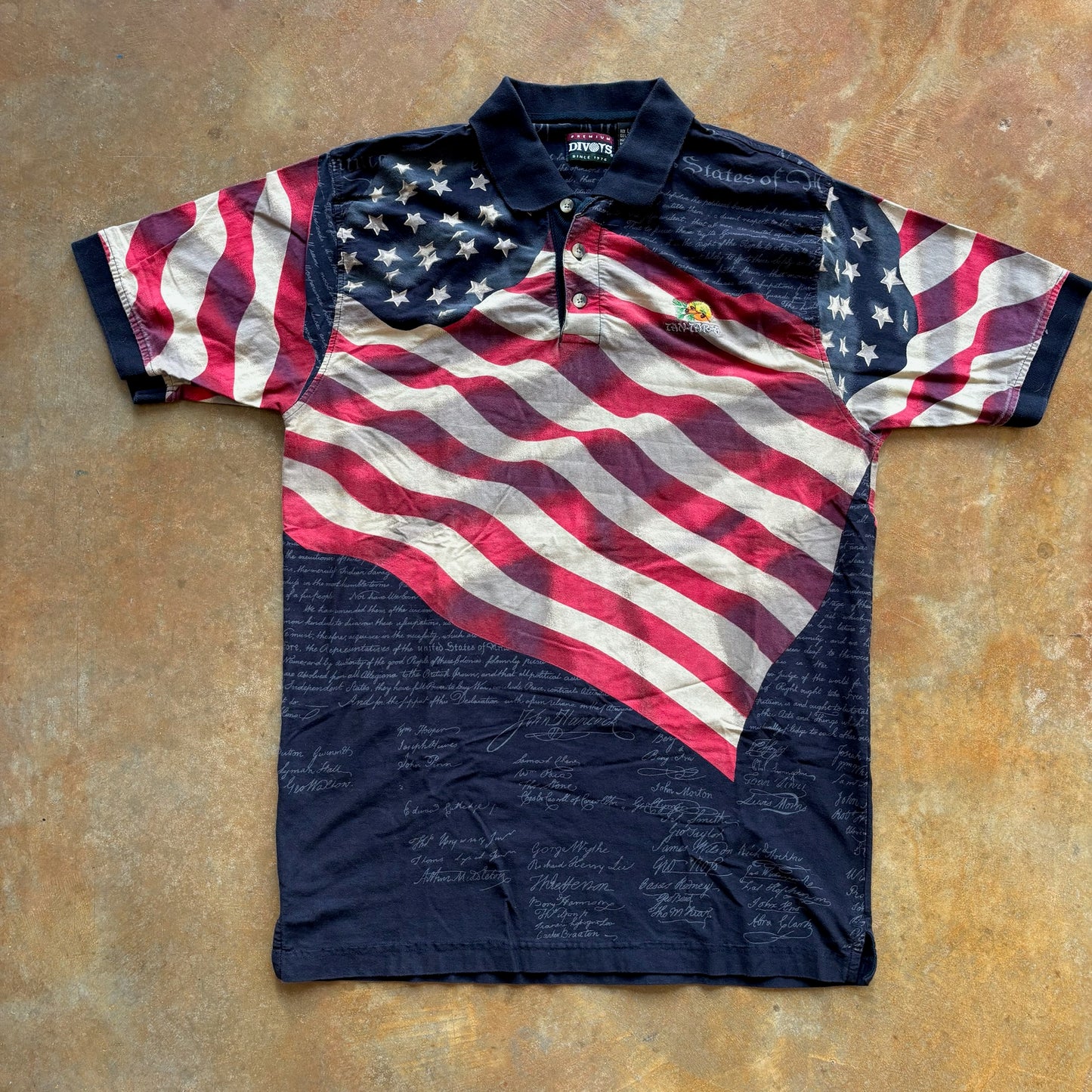 Premium Divots USA Flag Declaration Patriotic Short Sleeve Polo Shirt 00's - L